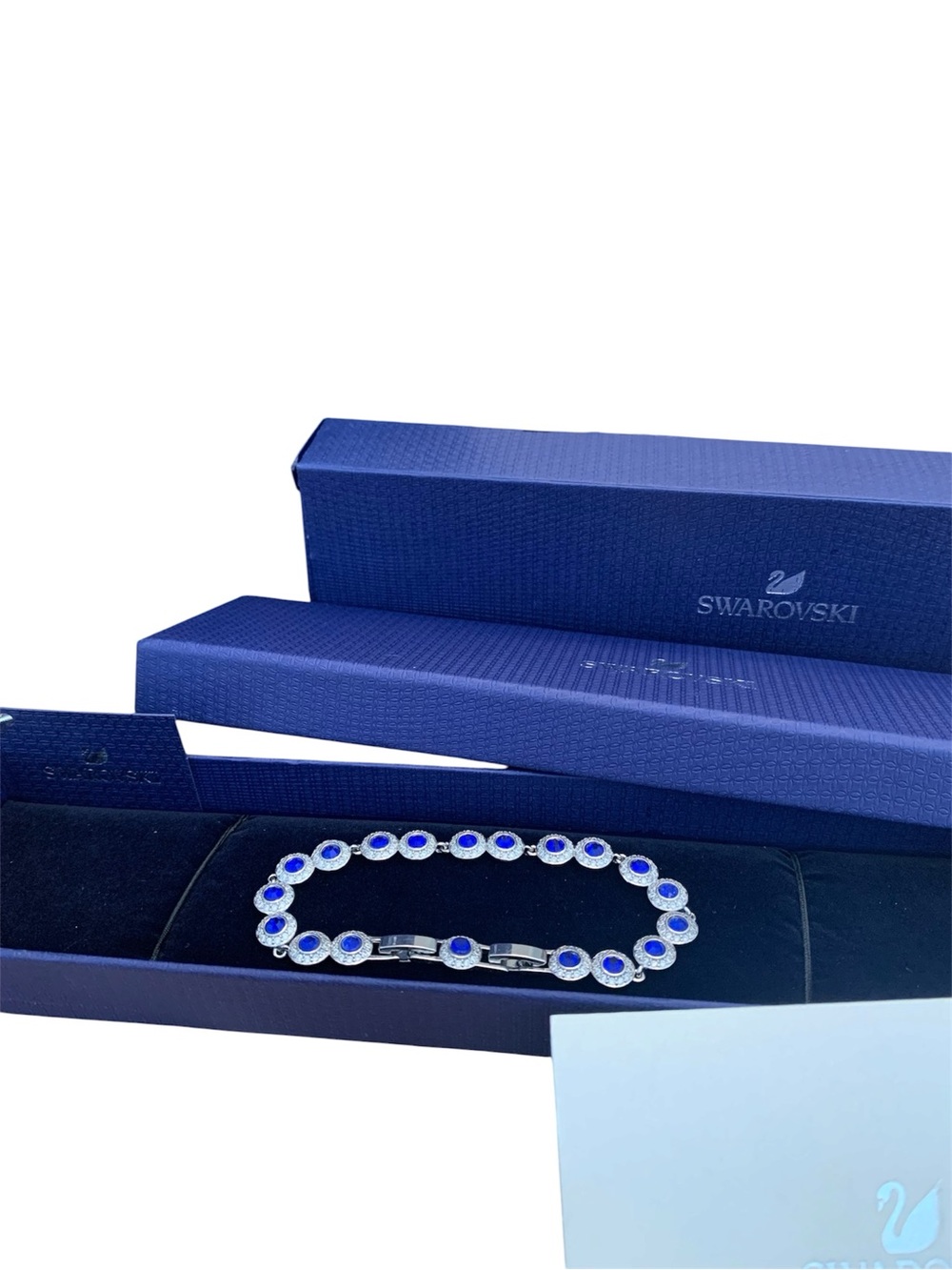 Swarovski Blue Crystal Halo Tennis Bracelet in Silver Tone